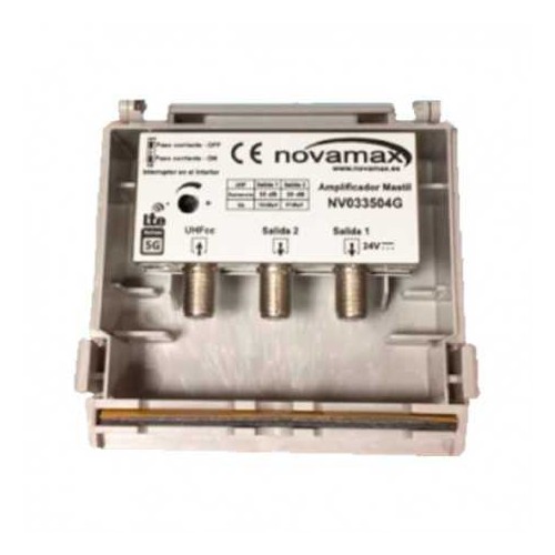 Amplificador de mástil 5G, 1 Entrada. UHF (C21/48), 2 Salidas, 35dB, Ajustable 15dB, 102/87dBuV. Paso DC Conmutable
