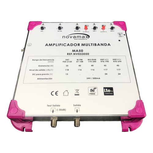 Amplificador Multibanda 5E (UHF1-UHF2-BIII/DAB-BI/FM-SAT) 1 Salida + 1 Salida de Test. 5G. 35/42dB, 116d-118dBuV