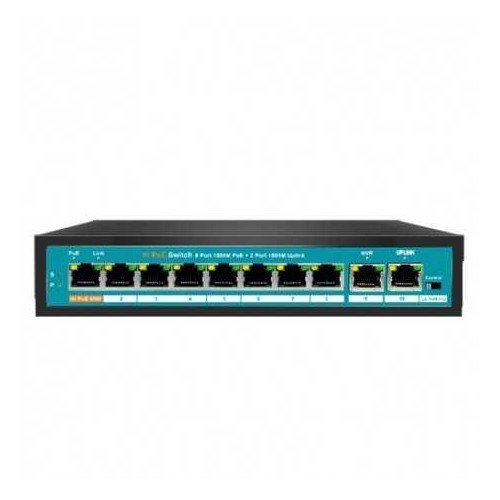 Switch de 8 puertos 10/100POE 144W + x2Gb UPLINK 10/100/1000. Hasta 250 metros