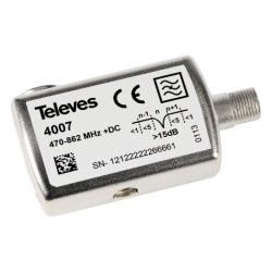 Filtro trampa conector F,  1 canal UHF. Ajustable hasta 15dB. . Banda 470-862Mhz.